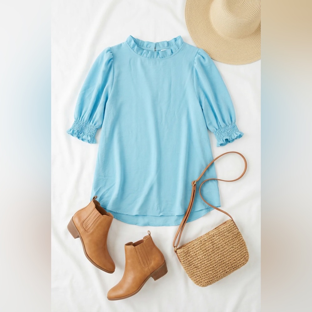 Beeson River Light Blue Ruffle Neck Blouse